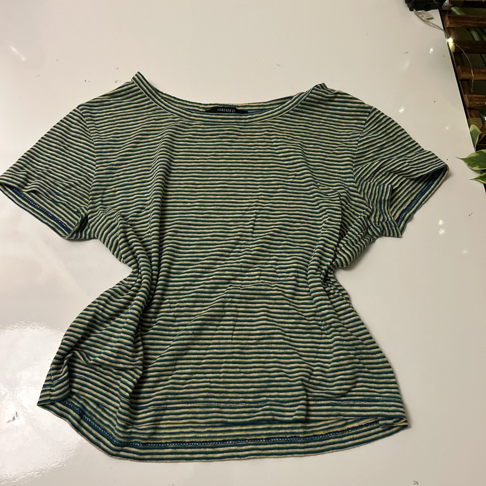 Forever 21 Green and Cream Striped Short Sleeve Tee
